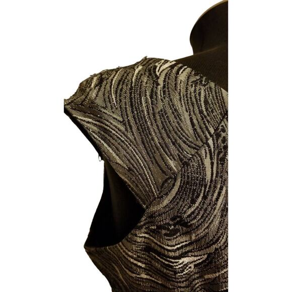 London Times Black Gray Swirled Metallic Cap Sleeve Belt Waist Dress NWT Size 10 - Picture 7 of 9
